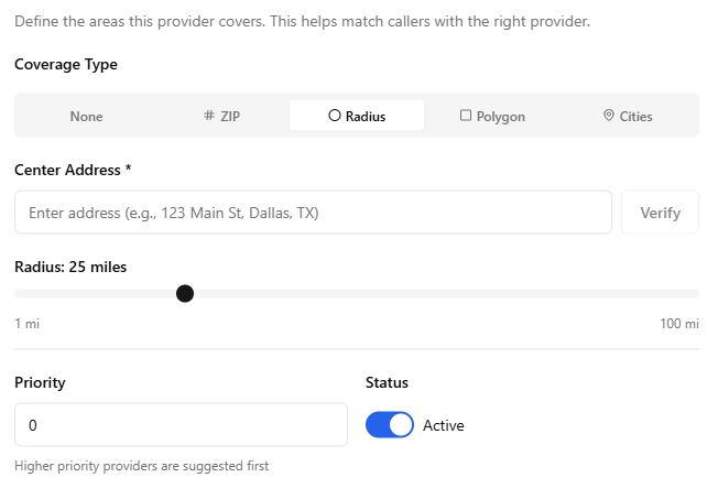 PhoneFlow service area configuration with coverage type tabs (None, ZIP, Radius, Polygon, Cities)
